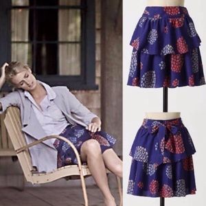 Anthro Silk Skirt Odille Felicia Navy Blue Floral Ruffle Tiered Mini Small 6